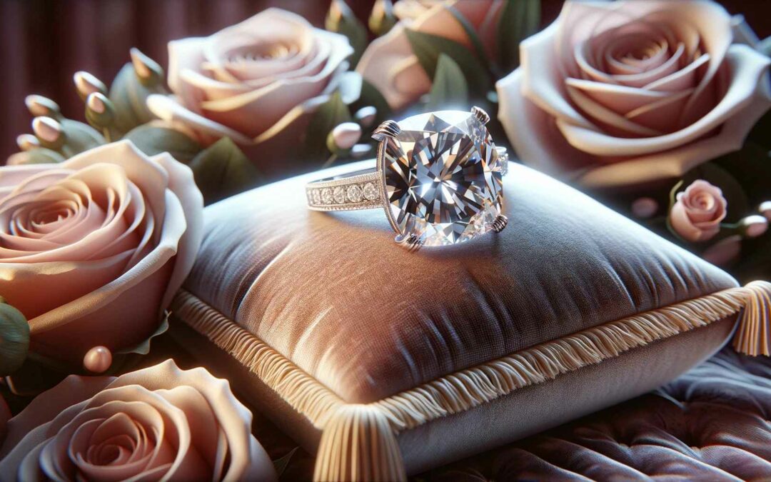 A photorealistic digital image about jewellery: diamond rings, depicting a radiant cut diamond ring on a plush velvet cushion, surrounded by elegant roses with soft lighting highlighting its brilliance.