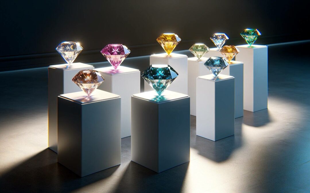 An array of natural fancy coloured diamonds with a focus on their unique hues including pink blue yellow and green.