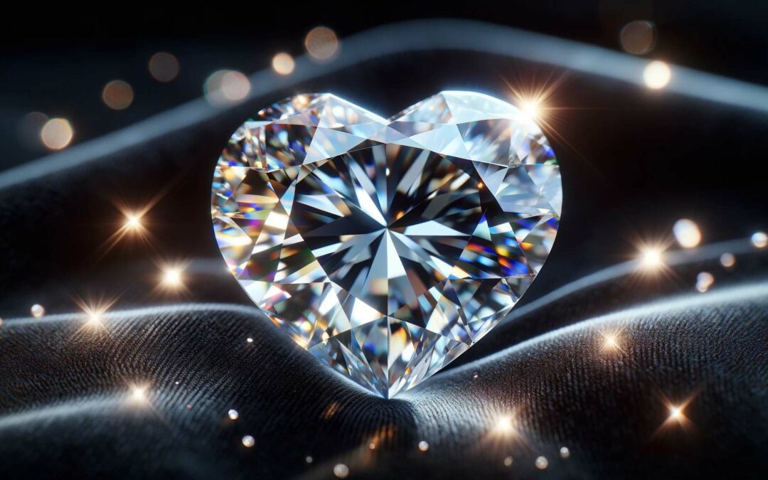 The most beautiful diamond, a heart-shaped, intricately cut gem with vivid light reflections, set against a luxurious black velvet background.