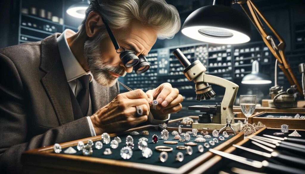A Skilled Craftsman Shaping A Custom Diamond Ring In A Jewelry Workshop, Surrounded By Sparkling Gems And Tools, Highlighting The Craftsmanship In Discount Diamond Rings.