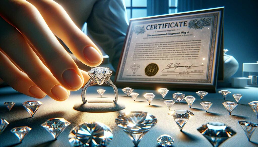 Buying Diamond Engagement Rings - A Person Examines A Diamond Engagement Ring'S Cut, Surrounded By Various Diamond Shapes And A Gia Certification In The Background, In A Luxurious Jewelry Store.