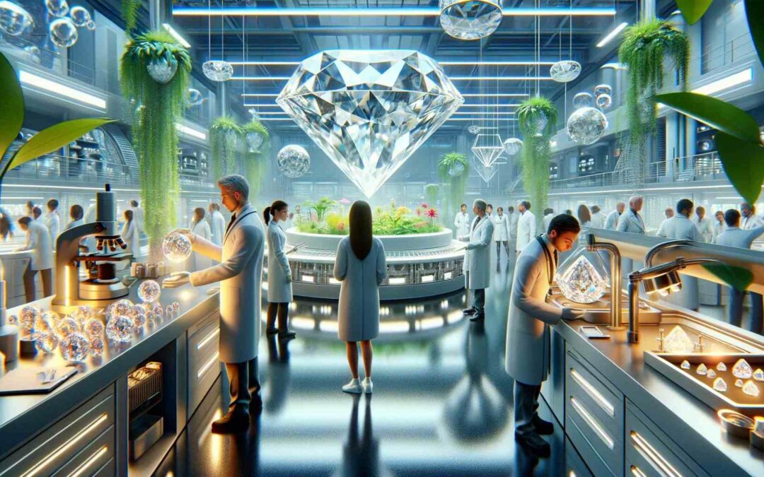AI generated image illustrating the concepts of futuristic, eco-friendly laboratory focused on the sustainable production of lab-grown diamonds, with diverse scientists working with advanced technology and young consumers learning about the benefits of these diamonds.