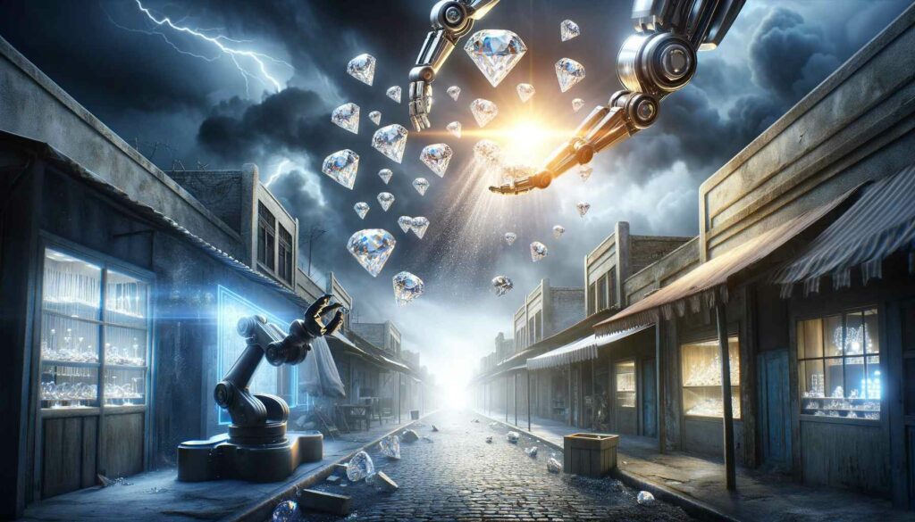 Skydiamonds: Robotic Arms Catching Bright Diamonds From A Stormy Sky Above A Disrupted Traditional Jewelry Store With Futuristic Technology In The Background.
