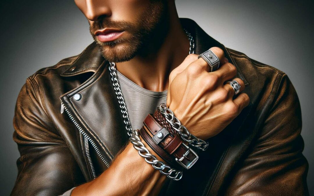 Man with Masculine Style, Wearing Leather Bracelet, Silver Chain, and Diamond Ring.