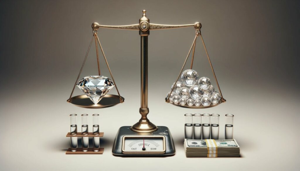 Photo Of A Scale Set Against A Neutral Background. On The Left Side Of The Scale, There Are Two Shimmering, Clear Diamonds Side By Side. On The Right Side Of The Scale, There'S A Stack Of Dollar Bills Indicating The Cost Of Mined Diamonds. 