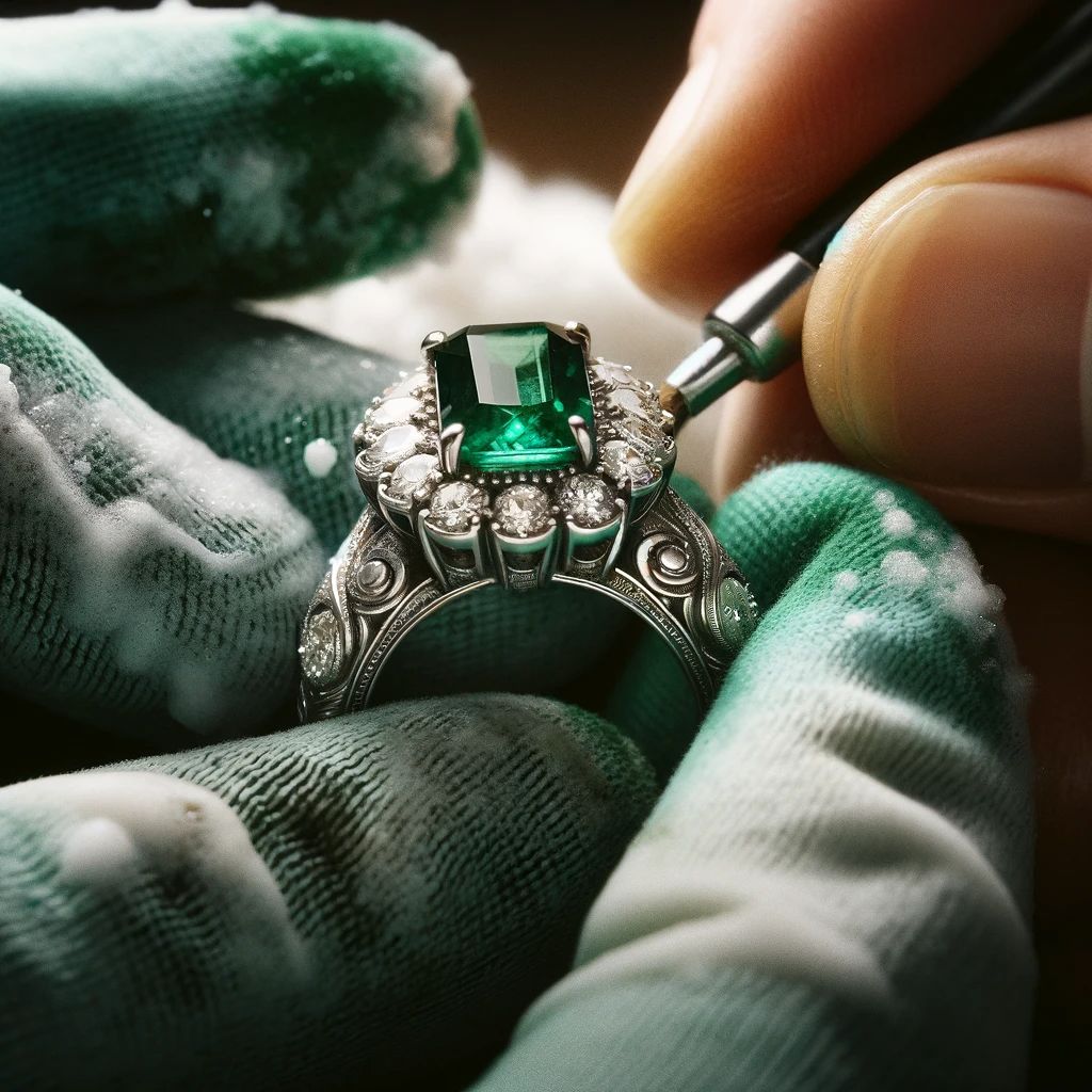 Close-Up Of A Vintage Emerald And Diamond Ring Being Polished, Highlighting The Intricate Craftsmanship Of Estate Jewelry.
