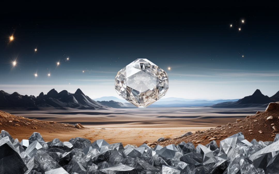Comparison Between Mined and Lab-grown Diamond Jewellery, diamond suspended over desert ground.