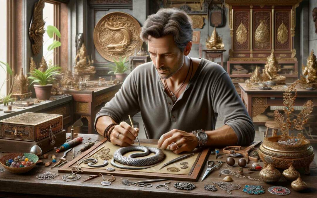2D rendered image of a middle-aged European man in a traditional Balinese jewelry workshop, inspired by Jean-François Fichot, working on a snake motif amulet.