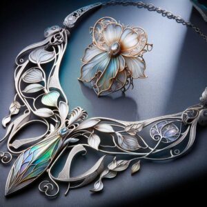 An Art Nouveau Necklace With Detailed Organic Motifs Next To A René Lalique Style Brooch With Iridescent Glass And Flowing Lines, Embodying The Elegance And Artistic Innovation Of The Art Nouveau Era.