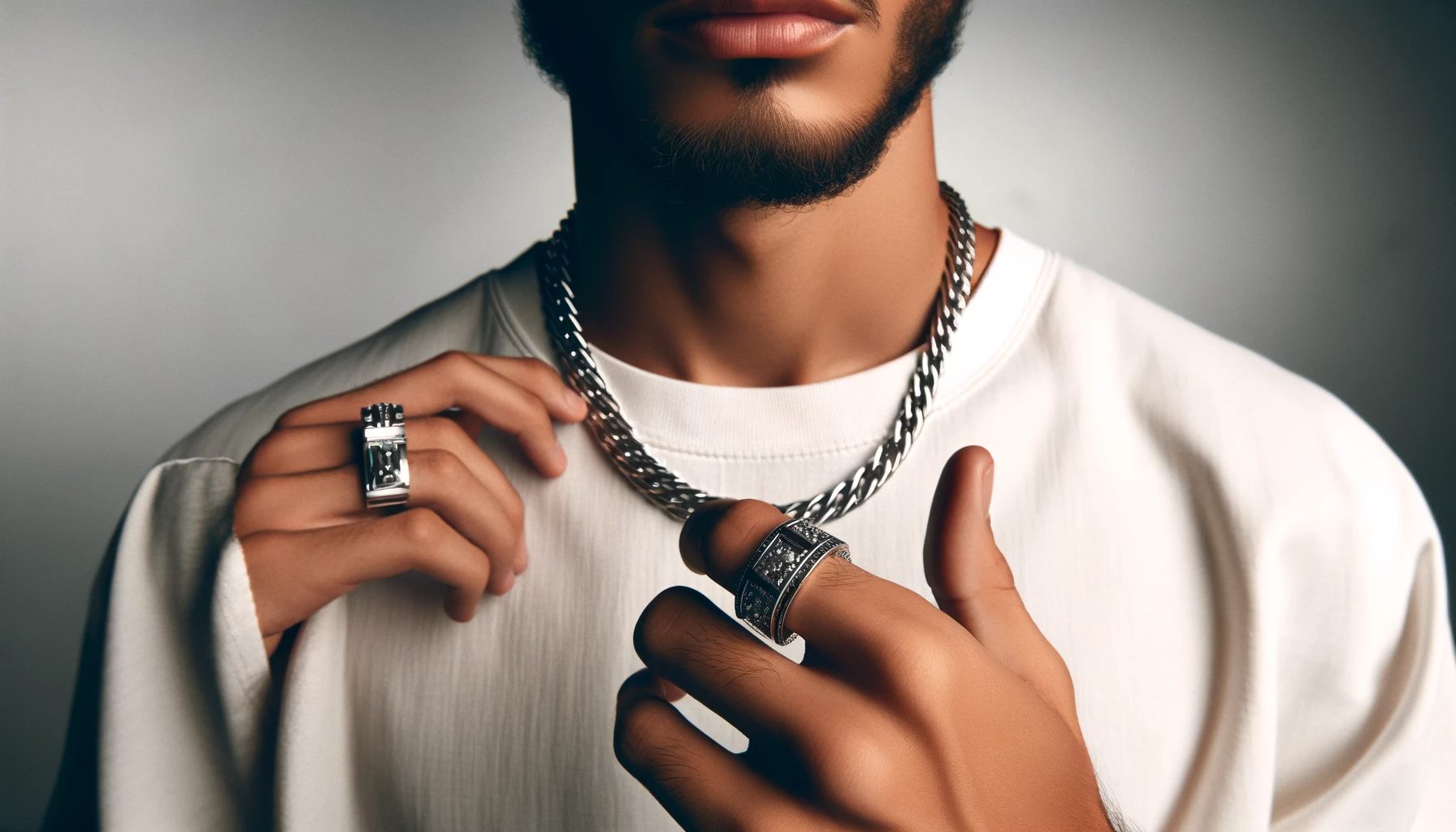 Man With Masculine Style, Featuring Sleek Silver Chain Necklace And Bold Statement Ring.