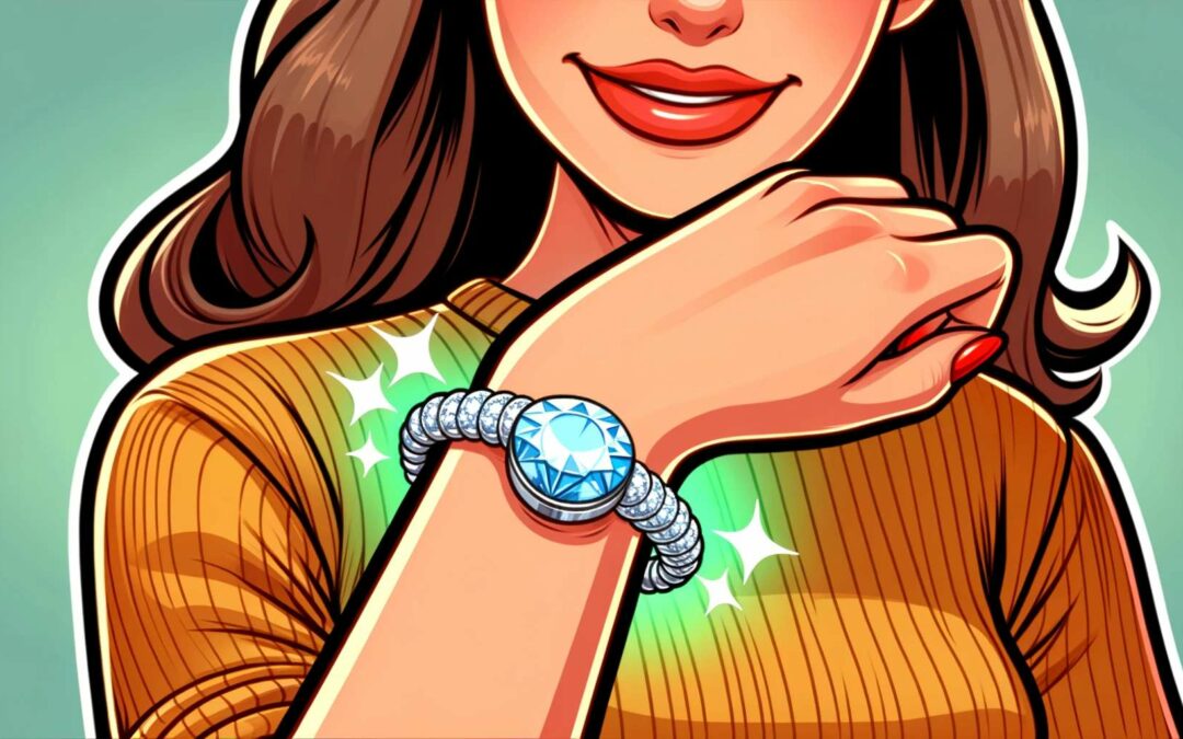 Cartoon illustration of an inexpensive diamond bracelet on a woman's wrist, depicted with vibrant colors and bold outlines.