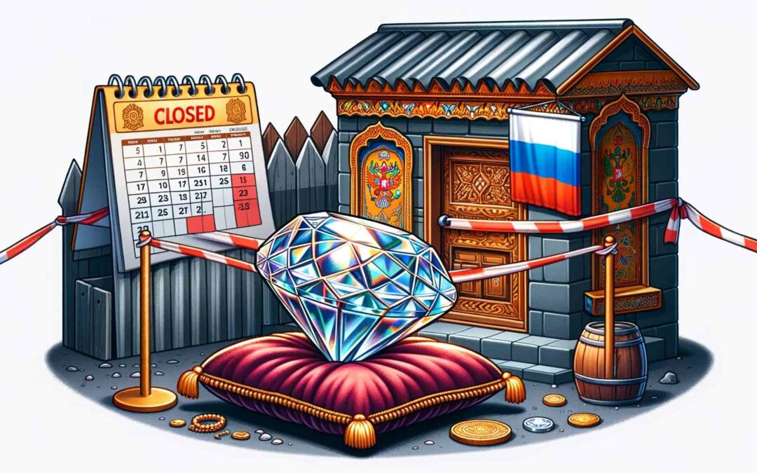Import Restrictions on Russian-Origin Diamonds: A cartoon-style image showing a traditional Indian jewelry store with a 'Closed' sign on the door. Next to it is a calendar adorned with Russian flags. In the foreground, a sparkling diamond sits on a plush velvet cloth, encircled by barrier tape.