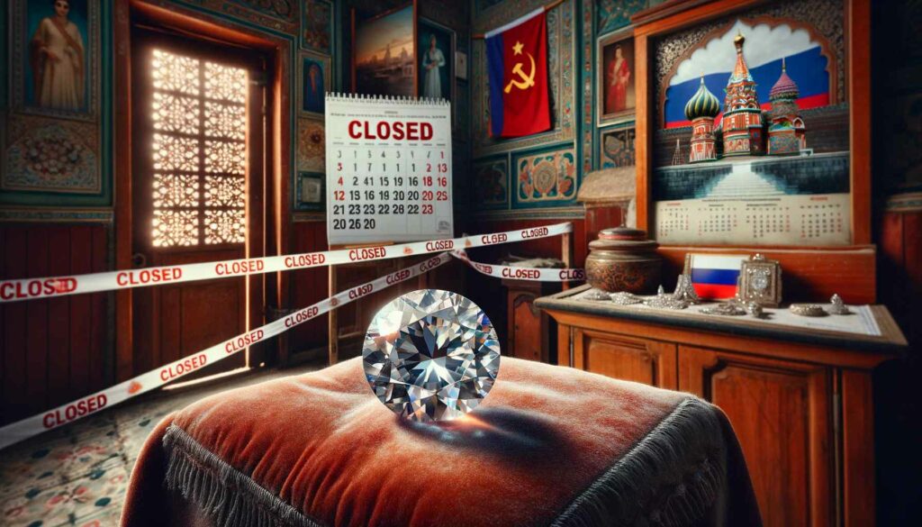 A Traditional Jewelry Store With A 'Closed' Sign On The Door, Beside A Calendar With Russian Flags. In The Foreground, A Diamond Rests On Velvet Cloth, Encircled By Barrier Tape.