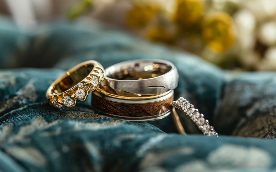 Assortment of wedding rings made from gold, platinum, wood, and titanium, displayed on a velvet cushion with a floral background, symbolizing the Perfect Material for Your Wedding Ring.