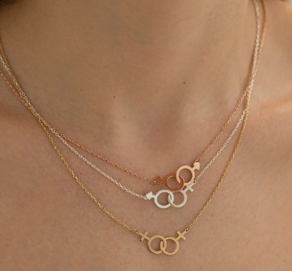 Gender Fluid Jewelry In The Form Of A Necklace Showing Interlocked Transgender Symbols.