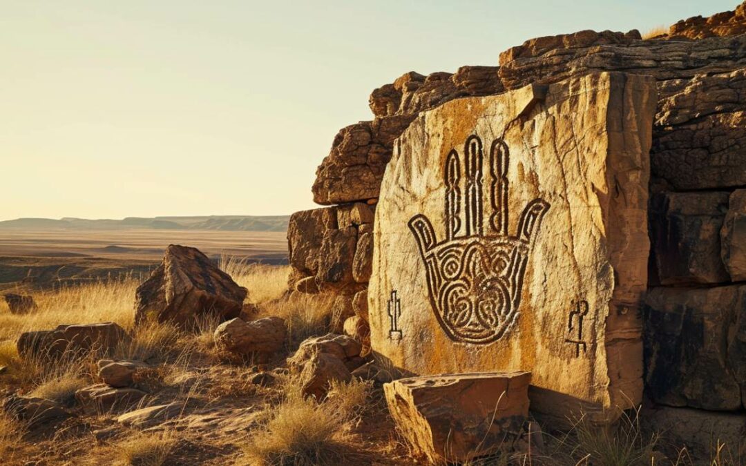 an illustration of an ancient desert landscape featuring an engraved hamsa hand.