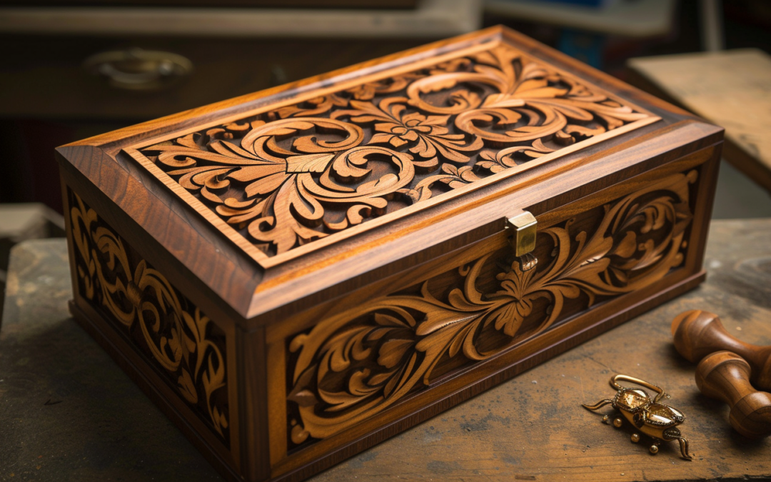 image of a handcrafted wood jewelry box with intricate carvings and inlay work. Show the rich, warm tones of the wood and the delicate details of the craftsmanship.