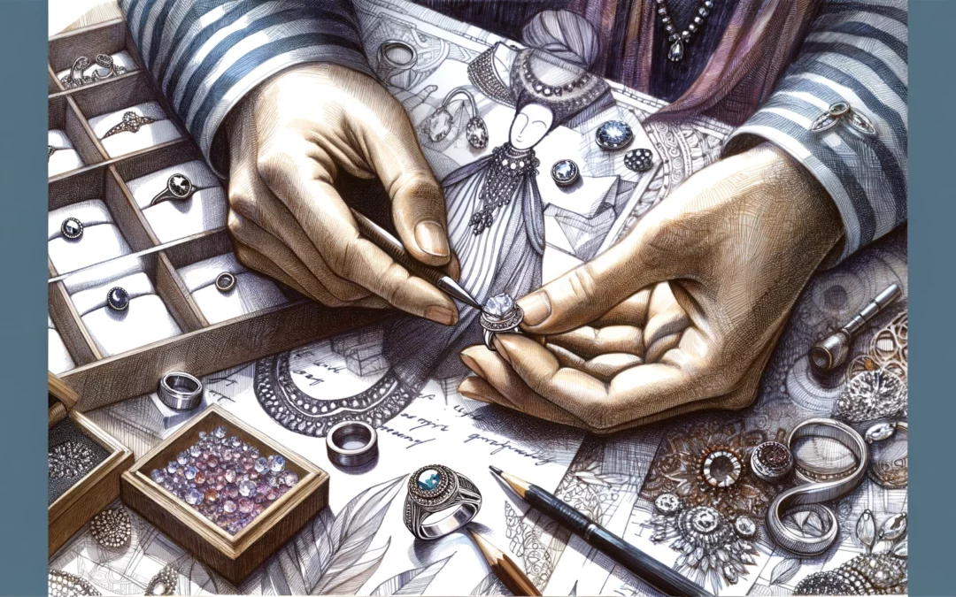 Jewellery Crafting Techniques: Close-up view of hands delicately placing a gemstone into a ring setting, with sketches and designs in the background, illustrated in pen and ink style.