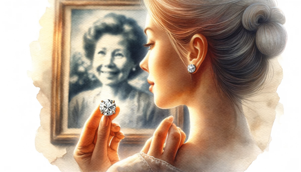 A Watercolor Painting In A Wide Format Depicting A Woman Gazing Tenderly At A Small, Heirloom Diamond Ear Stud, Illuminated By A Soft, Reflective Light. In The Background, A Faded Family Photograph Adds A Layer Of Emotional Depth To The Scene.