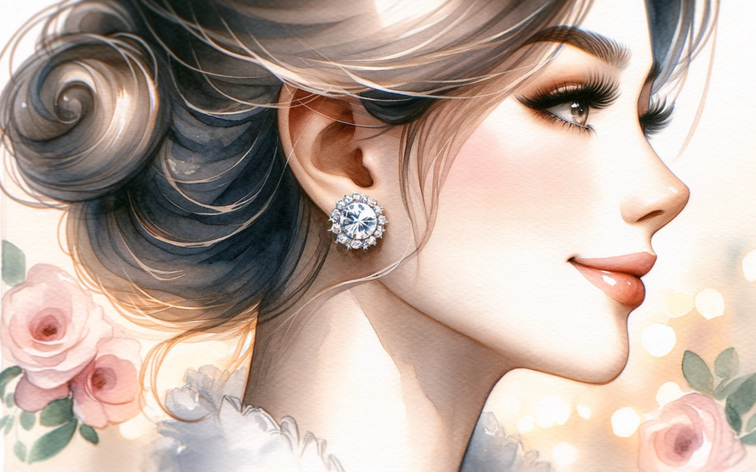 A watercolor painting in a wide format, featuring a woman's ear with radiant diamond ear studs. The profile view includes a subtle smile, luxurious hair, and glints of light reflecting sophistication. The background is a soft-focus blend of pastel colors.