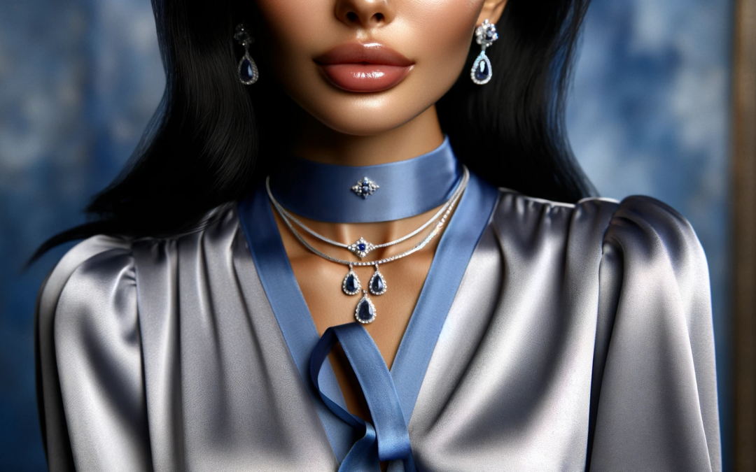 Affordable-luxury-jewellery-Close-up-photo-of-a-woman-adorned-with-sophisticated-silver-necklaces-with-sapphire-pendants-silver-earrings-and-a-satin-blue-blouse.