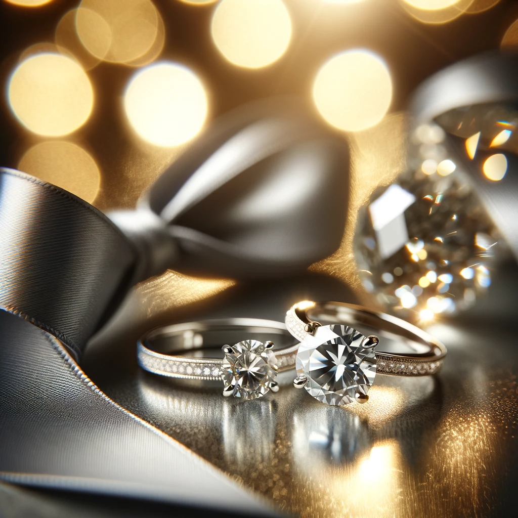 Affordable Luxury Jewellery, Photo Of An Elegant Display Of Diamond Rings And A Gray Ribbon On A Reflective Surface. The Image Captures The Sparkling Facets Of The Diamonds.