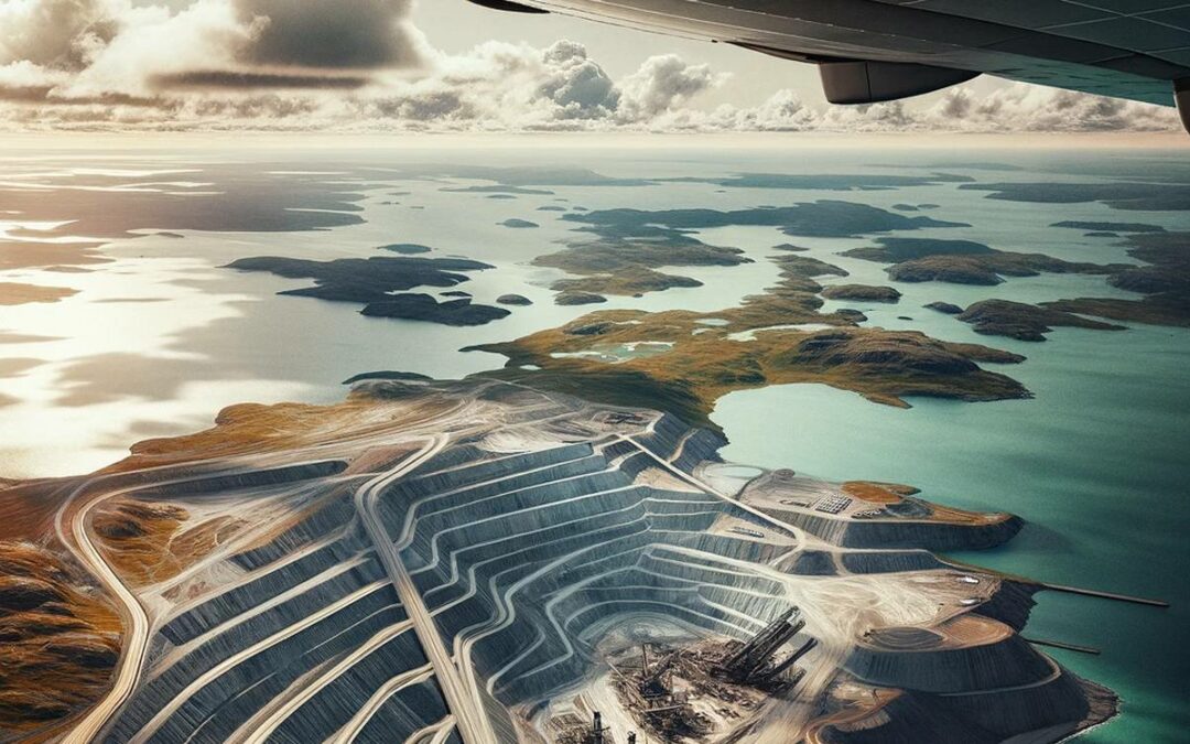 Diamond mining in Canada. Aerial view of a vast open-pit mine near a coastline. The mine has multiple terraced levels, with roads winding down to the bottom.