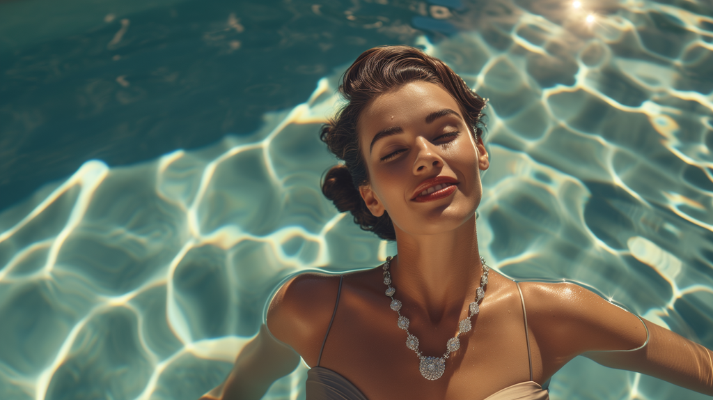 The Timeless Elegance of Statement Earrings and Cuffs. A beautiful woman in a swimmong pool wearing very showy diamond jewellery.