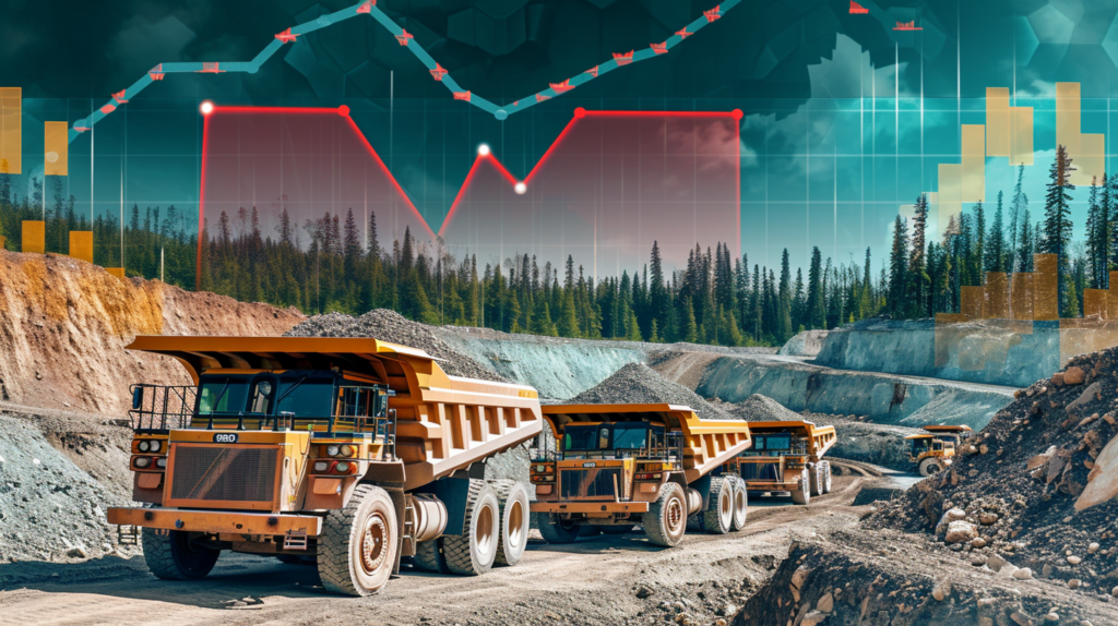 A Panoramic View Of A Thriving Canadian Diamond Mine, With Transport Trucks Carrying Gems And A Graph Overlay Showing Rising Economic Bars,