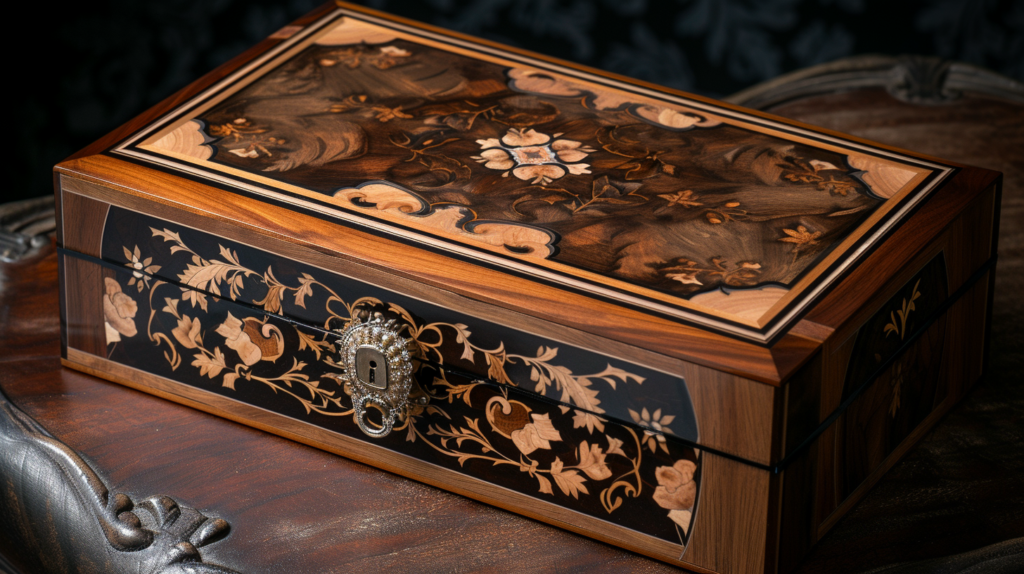  An Example Of Handcrafted Wood Jewelry Boxes, Featuring Intricate Inlay Designs, Polished Brass Hardware, And A Rich, Glossy Finish. Capture The Craftsmanship And Artistry Of This Exquisite Storage Piece.