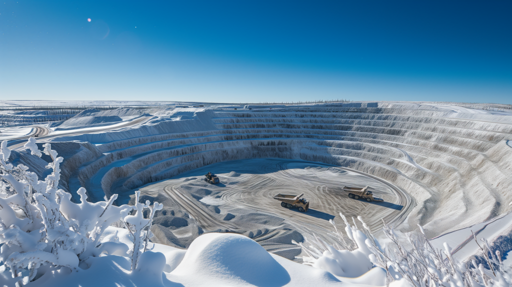 A Snowy Canadian Landscape With A Large Open-Pit Diamond Mine, Mining Trucks, And A Sparkling Diamond In The Foreground Under A Clear Blue Sky, Signifying The Growth Of Canada'S Diamond Industry.