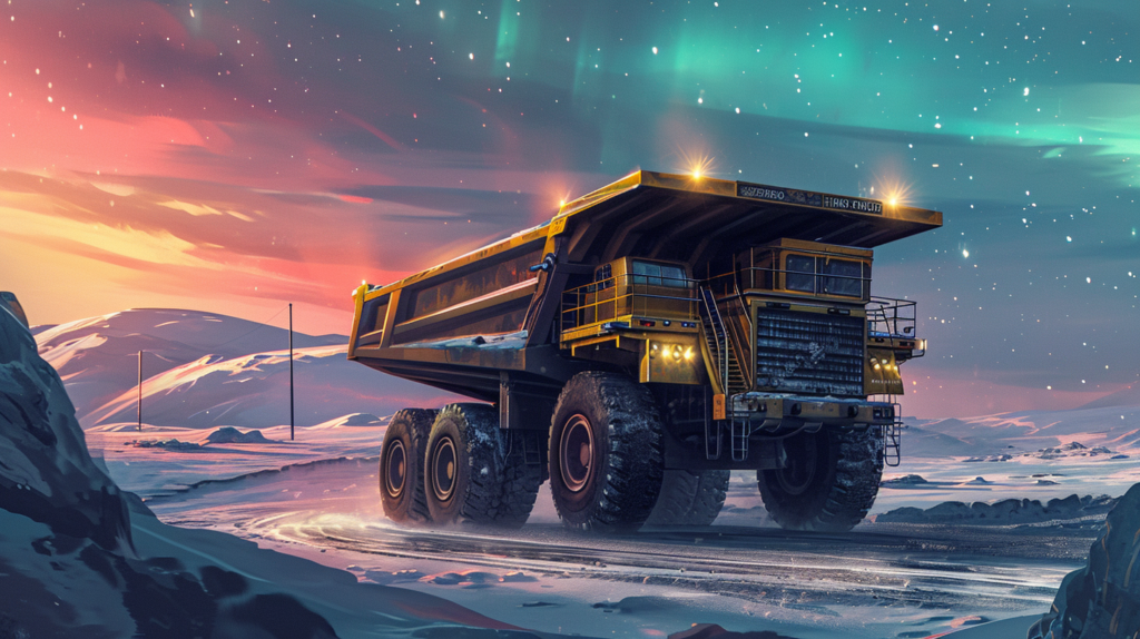 An Advanced Diamond Mine In Canada'S Tundra With A Modern Truck Carrying Kimberlite And High-Tech Machinery Extracting Diamonds Under Aurora-Filled Skies.