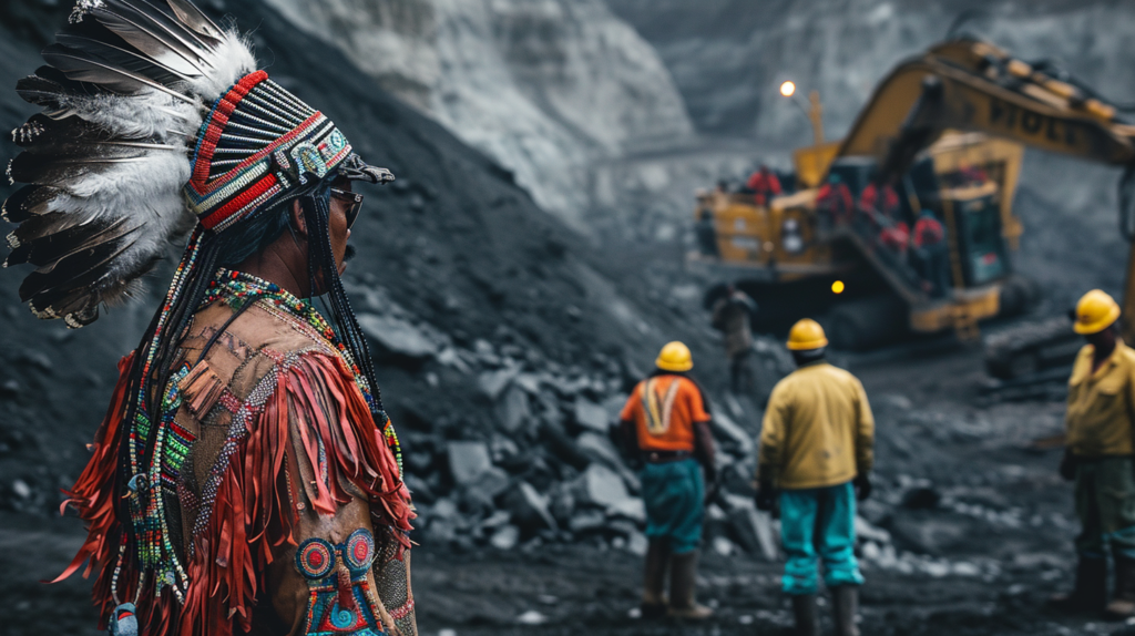 An Indigenous Canadian Community Observing A Diamond Mine, With Traditional Attire, Juxtaposed With Modern Miners And Equipment, Highlighting The Contrast And Interconnection Between Cultures And Eras. 