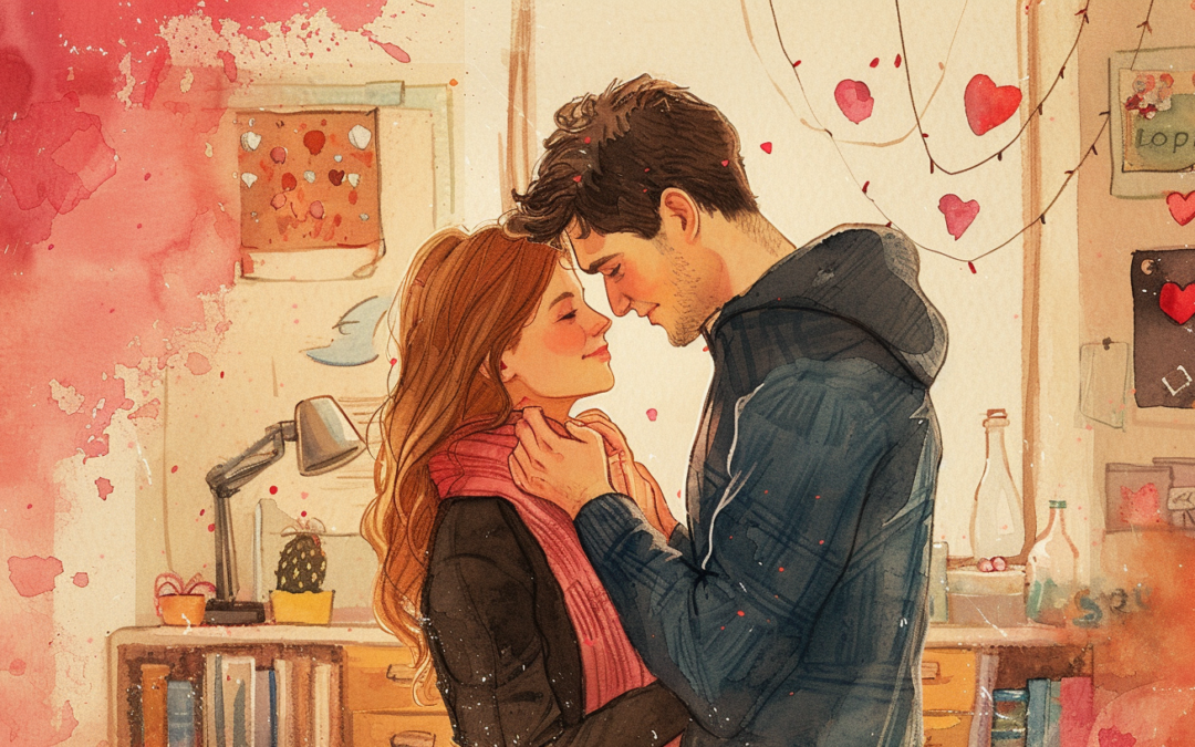a watercolor painting of a modern couple. The man is placing a pendant around the neck of his girlfriend. The location is their apartment. Have Valentine's Day decorations in the room. The image expresses the idea of Affordable Valentine's Day Gifts.