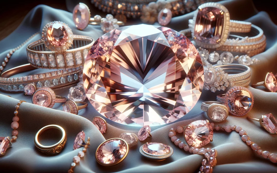 Illustration of a luxurious display featuring morganite gemstone jewellery, including rings, earrings, necklaces, and bracelets, showcasing pastel shades of pink to pale orange. This image captures the essence of what it's all about morganite, highlighting its enchanting beauty and sophistication.