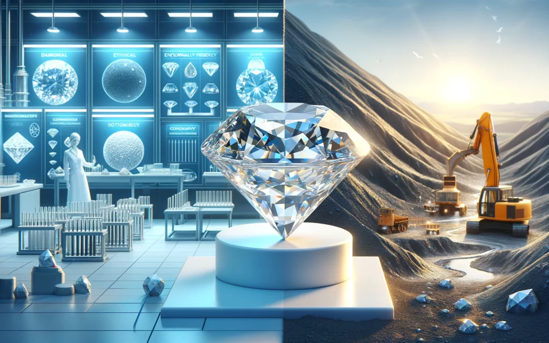 Lab-Grown Diamonds: A striking comparison between the eco-friendly lab environment where a lab-grown diamond is showcased and the adverse effects of natural diamond mining.