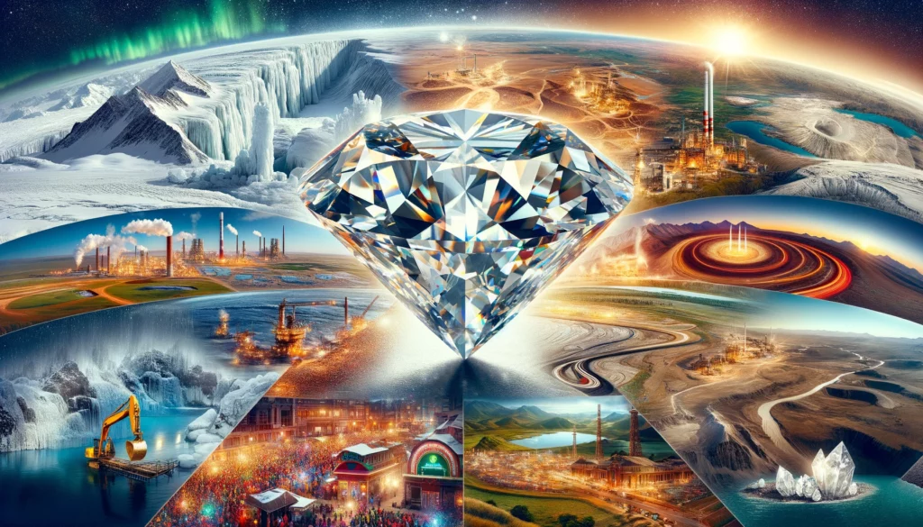 A Large, Radiant Diamond Superimposed Over A Panoramic Collage Representing The Top Diamond Producing Countries, Including The Icy Tundra Of Russia, Botswana'S Fertile Plains, India'S Colorful Marketplaces, And South Africa'S Deep Mines.