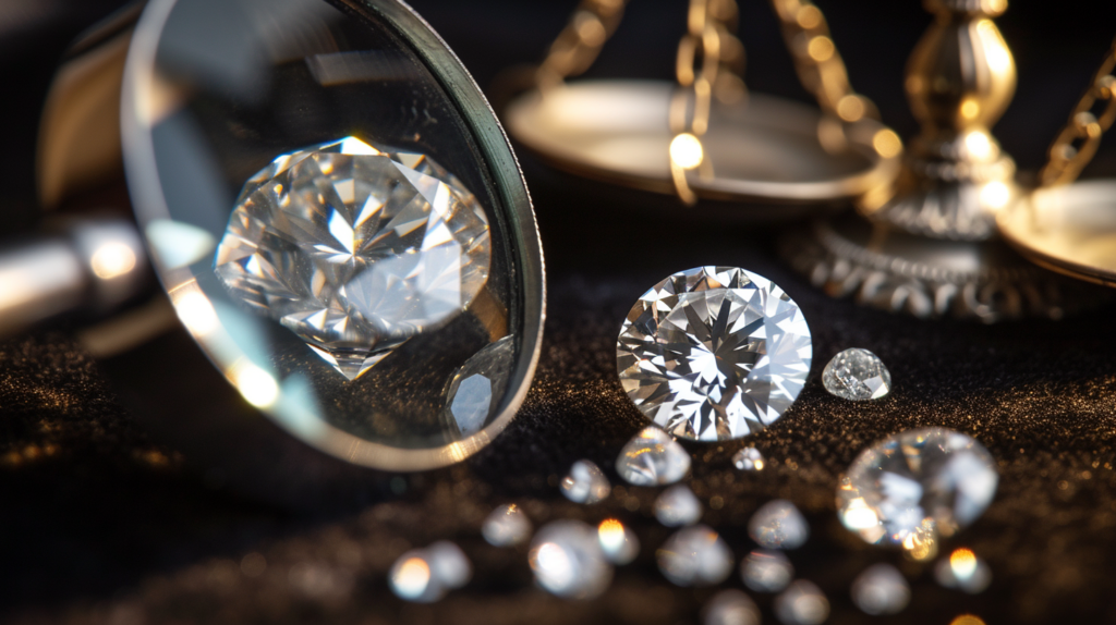 A Jeweler'S Loupe Magnifying A Sparkling, Lab-Grown Diamond Next To A Natural Diamond, Both On A Velvet Cushion, With A Balance Scale In The Background Subtly Tipping Towards The Lab-Grown Diamond. 