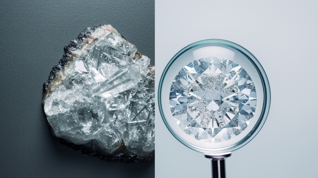 Split-Image: Left Side, A Natural Diamond Crystal Embedded In Rock; Right Side, A Pristine Lab-Grown Diamond On A Petri Dish, Both Under A Magnifying Glass Highlighting Their Identical Structures. Lab Diamonds Are Not Fake Diamonds.