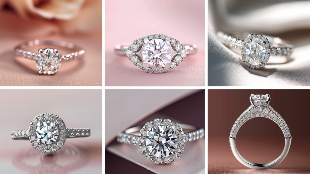 An Elegant Collage Showcasing Diverse Engagement Ring Styles - Solitaire, Halo, Three-Stone, And Vintage-Inspired, All Adorned With Sparkling Diamonds, Emphasizing Affordability, In A Harmonious Blend Of Modern And Classic Designs - Highlighting Affordable Diamond Engagement Rings.