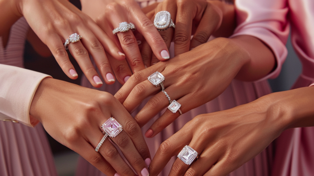 The Versatility Of Emerald-Cut Diamond Rings Shown By Several Hands, Each Wearing A Different Style Of Emerald-Cut Diamond Ring.