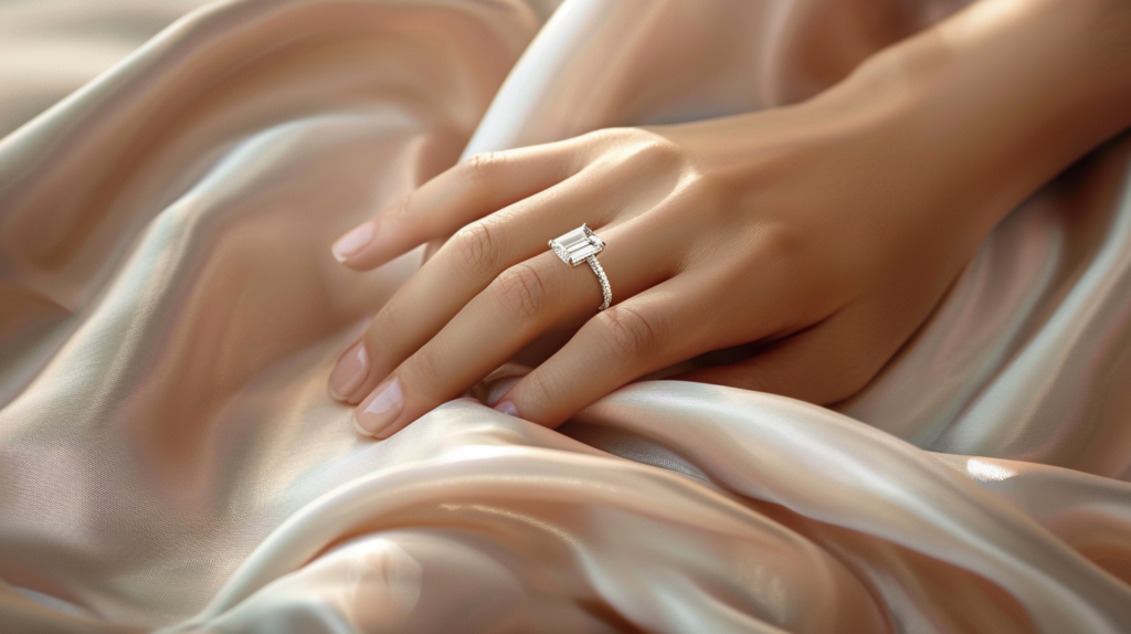 Emerald-Cut Diamond Rings, Illustrated By A Slender Hand Wearing An Emerald-Cut Diamond Ring With A Solitaire Diamond.