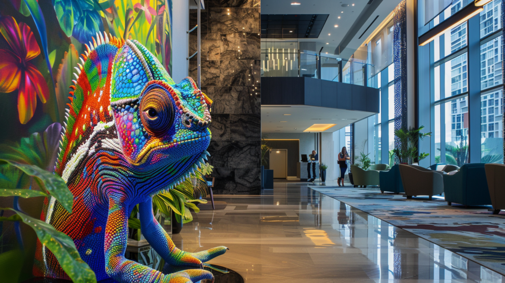 Image Of A Chameleon Seamlessly Blending Into Diverse Backgrounds--Elegant Ballroom, Casual Street, Corporate Office, And An Art Gallery--Embodying Versatility And Confidence In Adapting Style While Maintaining Its Essence.