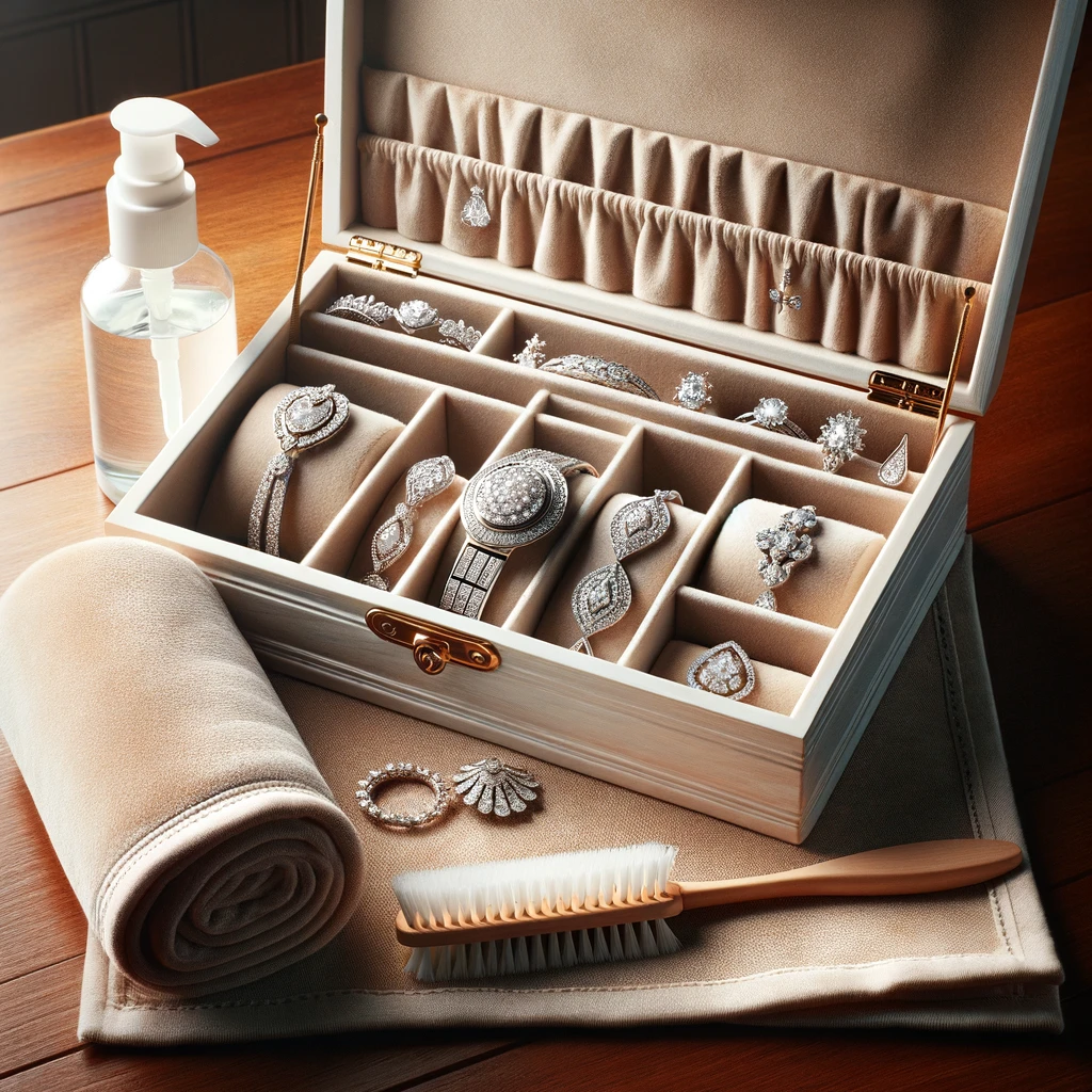 Diy Diamond Jewelry Cleaning Setup Featuring An Organized Jewelry Box With Compartments For Diamond Jewelry, A Soft Cloth, A Small Brush, And A Closed Bottle Of Gentle Cleaning Solution On A Wooden Surface.