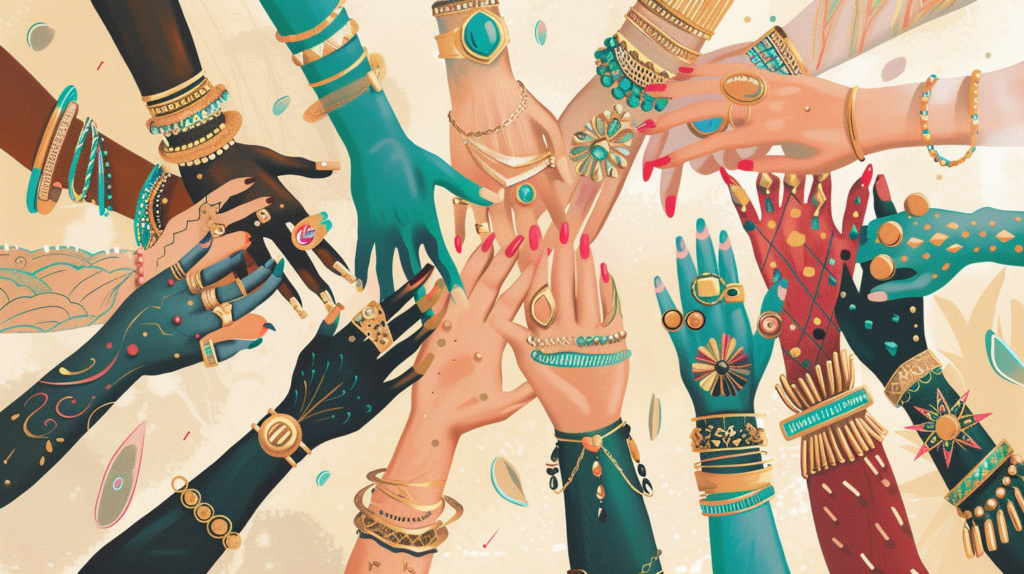 An Elegant, Detailed Illustration Featuring Diverse Hands Adorned With Various Timeless Jewelry Pieces, Such As Rings, Bracelets, And Necklaces, Each Piece Reflecting A Unique Cultural Or Personal Identity.