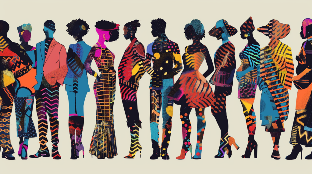 Image Of Diverse People'S Silhouettes Each Filled With Distinct Patterns And Colors Representing Various Fashion Eras, Standing Side By Side, Showcasing The Evolution And Personalization Of Style Through Time.