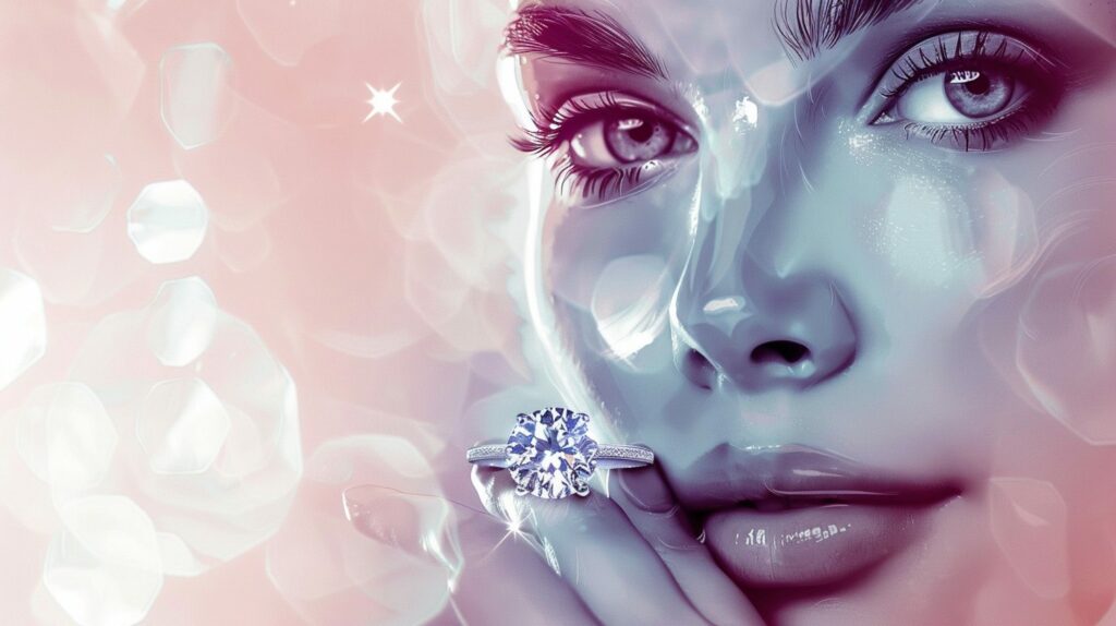 Image To Illustrate The Concept Of Buying A Diamond Ring For Yourself. Include The Face Of A Woman And A Diamond Ring. Make The Style Positive And Exciting.