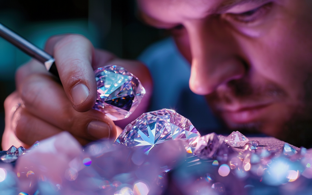 a GIA diamond grading expert meticulously examining a dazzling diamond under specialized lighting, capturing the intricate play of colors on the gemstone's surface, highlighting GIA's revolutionary diamond colour grading scale.