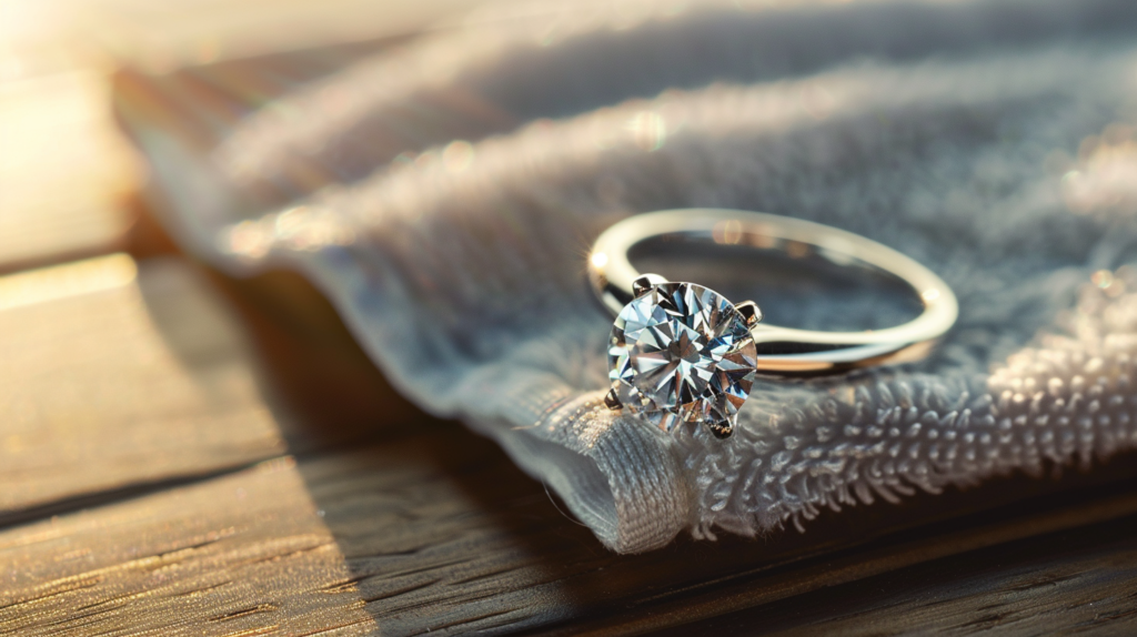 Cleaning Diamond Jewelry At Home With A Soft, Lint-Free Cloth And A Microfiber Towel Alongside A Gleaming Diamond Ring, With Gentle Rays Of Sunlight Enhancing Its Sparkle, Set On A Polished Wooden Surface.