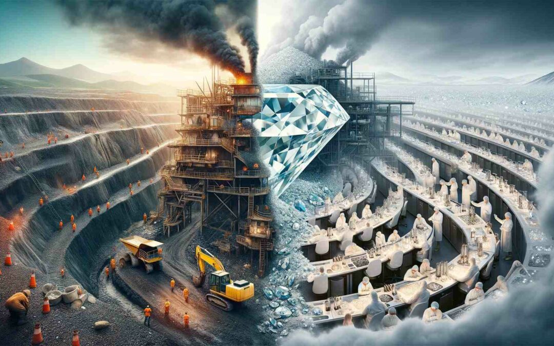 a captivating and thought-provoking scene that juxtaposes the enchanting allure of diamond jewelry with the pressing ethical concerns surrounding natural diamonds. The mining of natural diamonds is contrasted with lab-grown diamonds illustrating the ethical concerns within the diamond industry.